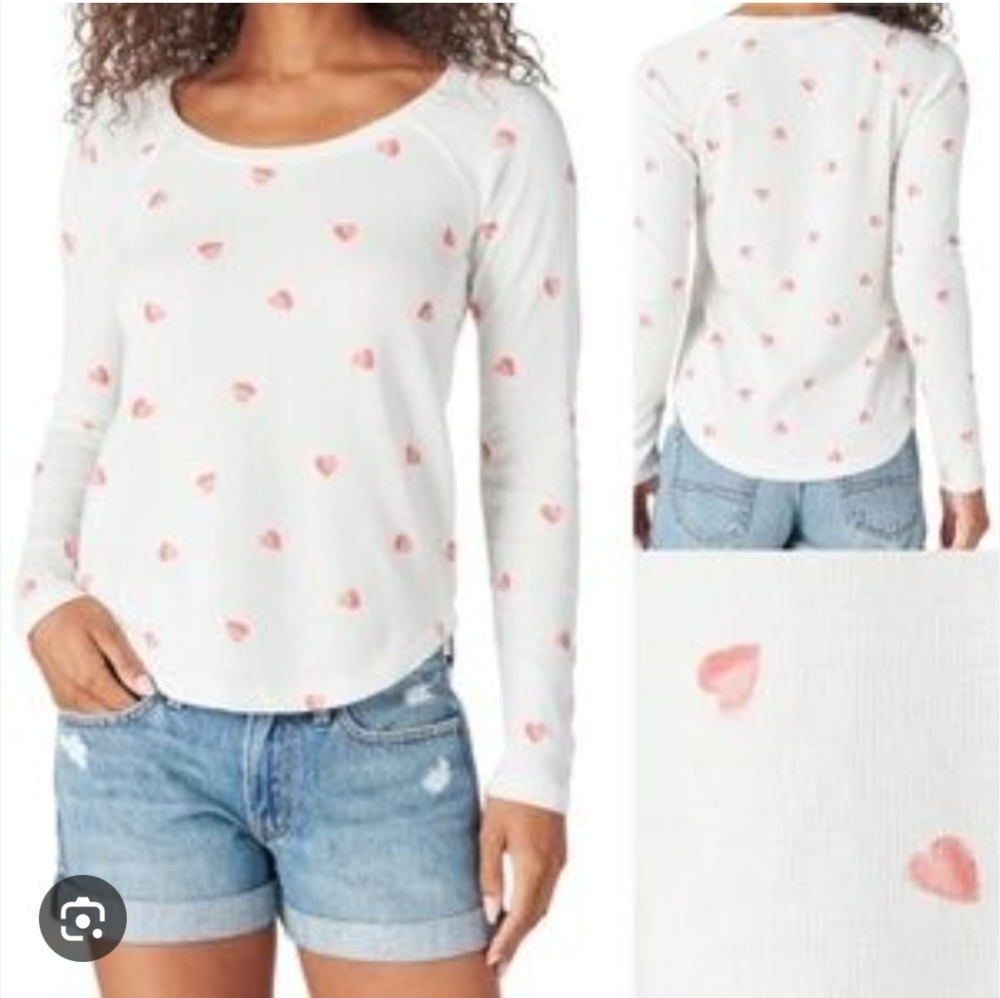 Lucky Brand White Henley Shirt with Pink Heart  Accents